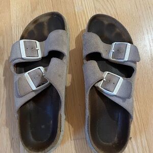 Birkenstock Taupe Suede Sandals with White Buckles